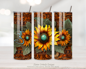 Faux tooled leather sunflower tumbler – vibrant floral coffee cup. Perfect farmhouse or western-style gift!